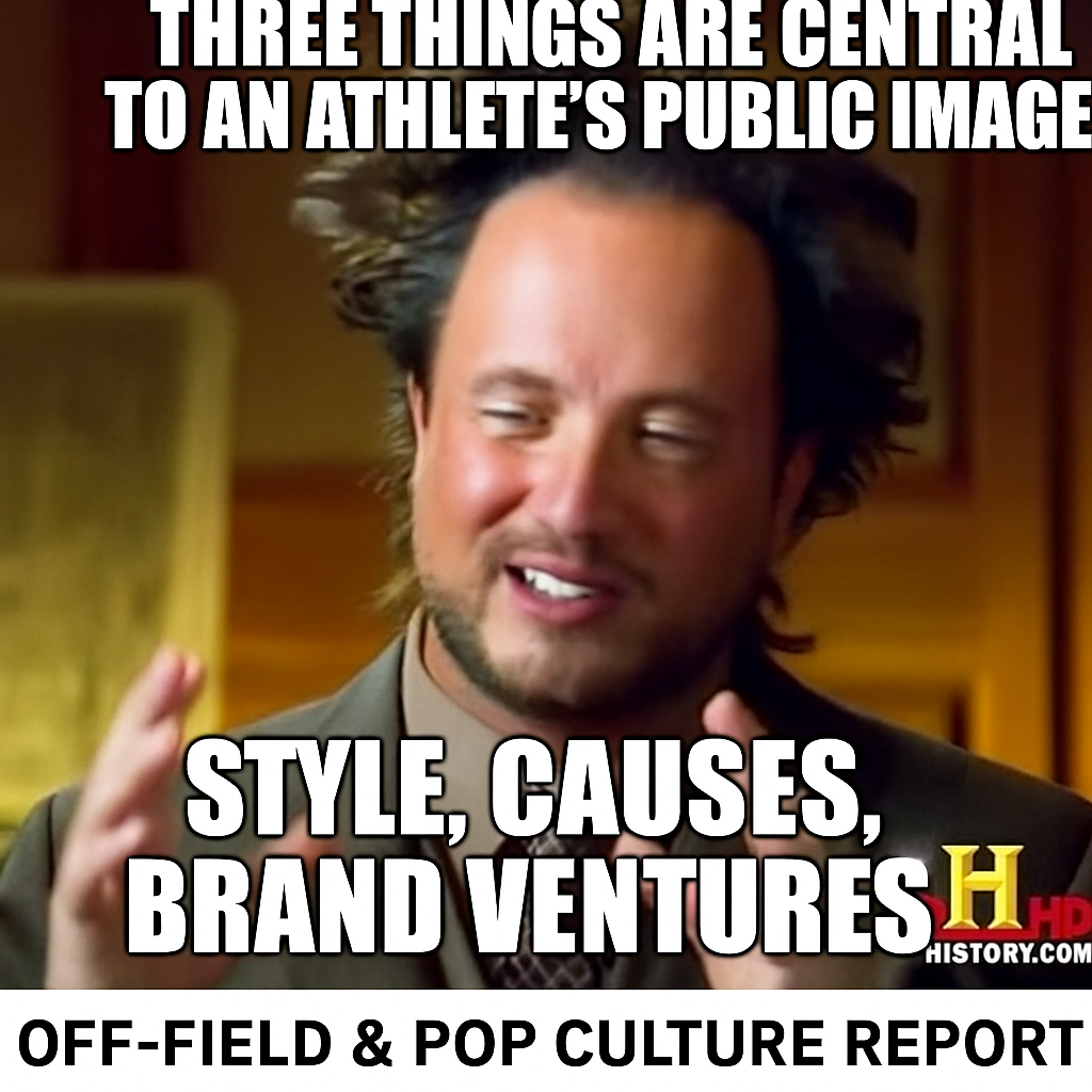 Giorgio A. Tsoukalos from Ancient Aliens meme with bold captions saying “Three things are central to an athlete’s public image – Style, Causes, Brand Ventures,” used to highlight NFL Week 3 off-field and pop culture themes.